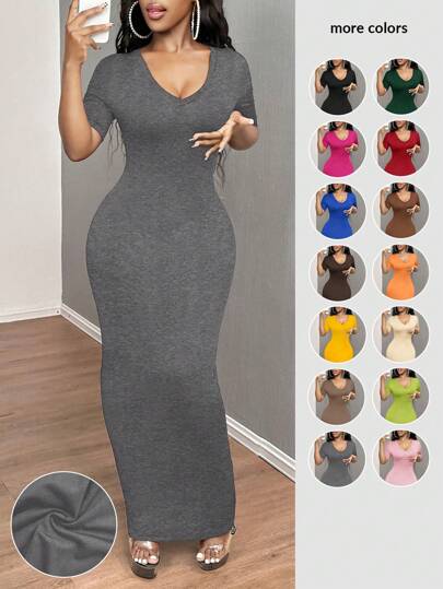 SHEIN SXY Women's Solid V-Neck Bodycon Short Sleeve Dress Hoco Dresses,Summer Dresses For Women