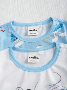 The Smurfs X SHEIN Ensemble Top manches courtes décontracté à épaules tombantes et pantalon rayé bleu pour jeune garçon, motif de bande dessinée