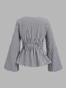 Sweetra Women's Plaid Front Tie Lantern Sleeve Ruffle Hem Button Down Shirt Fall Cloth For Women - Black and White - View 2