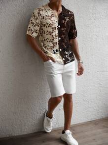 Manfinity Homme Men's Contrast Color Front Button Sheer Casual Short Sleeve Crochet Knit Shirt, Men's Crochet Shirt, Open Knit Shirt Men, Men's Lace Shirt, Men's Summer Shirts