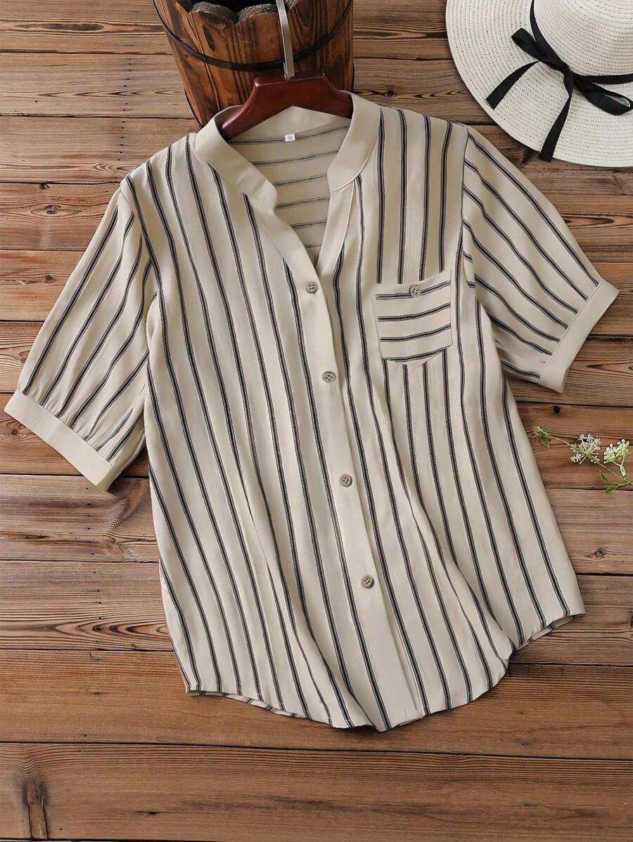 INAWLY 女士条纹印花短袖衬衫 - 卡其色 - 查看 1