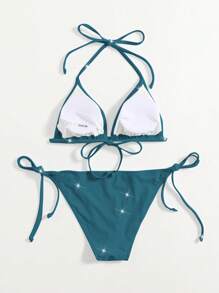 Swim Mod 2 piezas Conjunto de bikini de tanque de color azul verdoso sólido brillante, traje de baño elegante y casual para primavera, verano, playa, fiesta y vacaciones