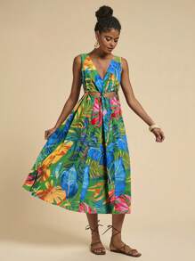 Travachic 女士热带植物印花镂空腰部无袖中长连衣裙，节日 - 綠色 - 查看 7