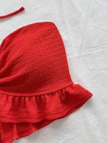 Soleia 女士休闲度假夏季安卡拉红色纹理针织荷叶边下摆前锁孔系带衬衫，音乐节 - 紅色 - 查看 6