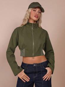 COSMINA 女式前拉链长袖图案细节简约休闲短夹克 - 棕色 - 查看 6