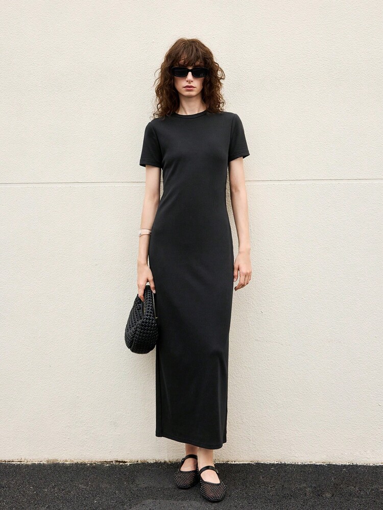 Women's Solid Color Round Neck Short Sleeve Side Hollow Waist Fashionable Dress