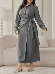 Mulvari Plus Size Women Solid Color Tie Front Button-Up Long Sleeve Shirtdress - Grey - View 3