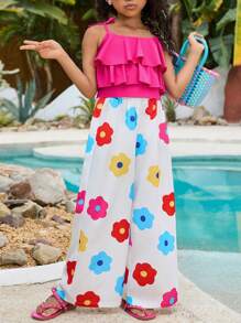 Tween Girls' Solid Ruffle Trim Cami Top & Floral Print Pants 2Pcs Set - Multicolor - View 3