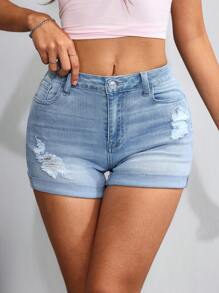 SHEIN EZwear Shorts vaqueros casuales de mujer con dobladillo enrollado y desgastados, con bolsillos