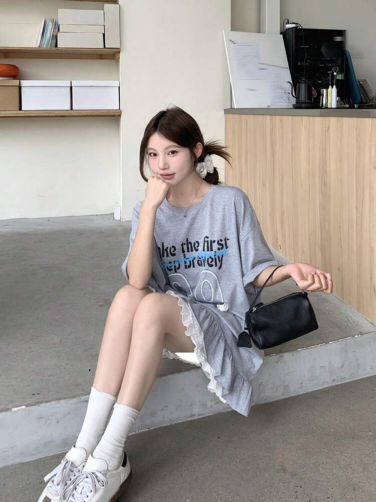 Women's Round Neck Graphic Bowknot Ruffle Hem Solid Letter Print Short Sleeve T-Shirt Cute Tops