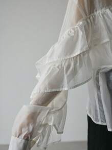 FRIFUL Damen Urlaubs-Layering-Volant-Saum locker geschnittenes einfarbiges Rundhals-Shirt, Übergangszeit Frühling/Sommer Langarm-Oberteil - Weiss - Übersicht 3