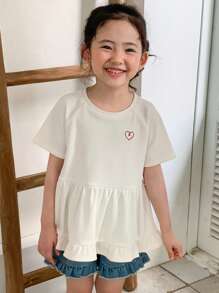 DAZY Camiseta de manga corta de cuello redondo casual con bordado para niñas, conjuntos de verano para niñas