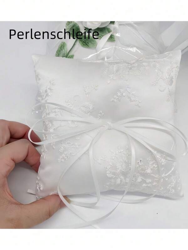 1Pc 15Cm*15Cm/20Cm*20Cm White Lace Square Ring Pillow, Bow Pearl Wedding Ring Pillow, Wedding Party Ceremony Ring Holder, Wedding Gift