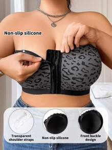 Women Plus Size Seamless Wireless Front-Clasp Padded Cami Bra, Leopard Print Wave Edge, Sexy
