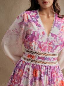 Anewsta Women's Spring/Summer New Lace Patchwork A-Line Long Sleeve Dress, Elegant Vacation Dress - Pink - View 4