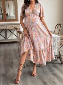 SHEIN Bohemian Style Colorful Paisley Floral Print V-Neck Ruffle Sleeve Maternity Dress - Multicolor - View 5