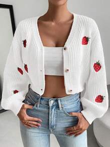 Chiquease Strawberry Applique Front Button V-Neck Casual Long Sleeve Cardigan Fall Winter Cloth For Women - White - View 7