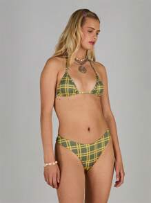 COUREZ Check Triangle Booty Shorts Bikini Set /Summer Beachwear Vacation Outfits/Y2K/Casual Vintage - Green - View 2
