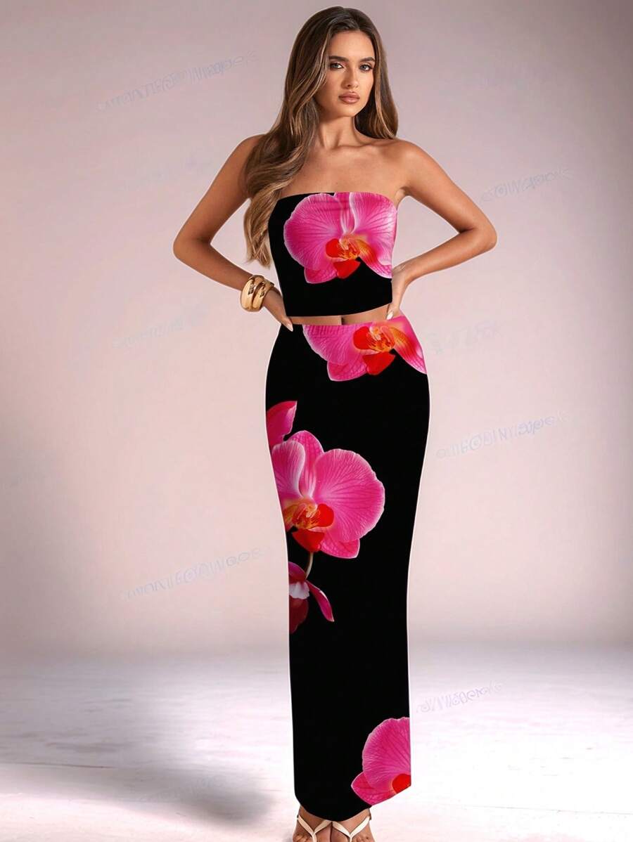 SHEIN BAE 2pcs/Set Women Casual Retro Floral Pattern Outfit, Suitable For Summer - Black - View 1