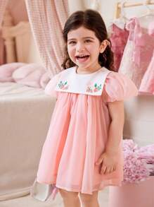 Vestido corto de manga corta para niña bebé, de estilo elegante y lindo, con estampado floral de organza y patchwork, para verano - Rosa - Ver 6