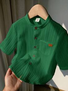 SHEIN LMoss Kids Áo sơ mi cổ bẻ cơ bản thường ngày cho bé trai LMoss có túi, thoải mái và thoáng khí - màu xanh lá - Xem 8