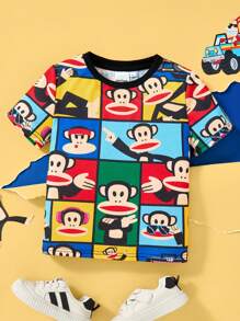 Paul Frank X SHEIN Camiseta de manga corta de verano fresca con estampado de mono de dibujos animados colorido por todas partes para niños pequeños