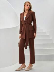 SHEIN Blazer A Colletto A Revers Con Cintura E Pantaloni Due Pezzi