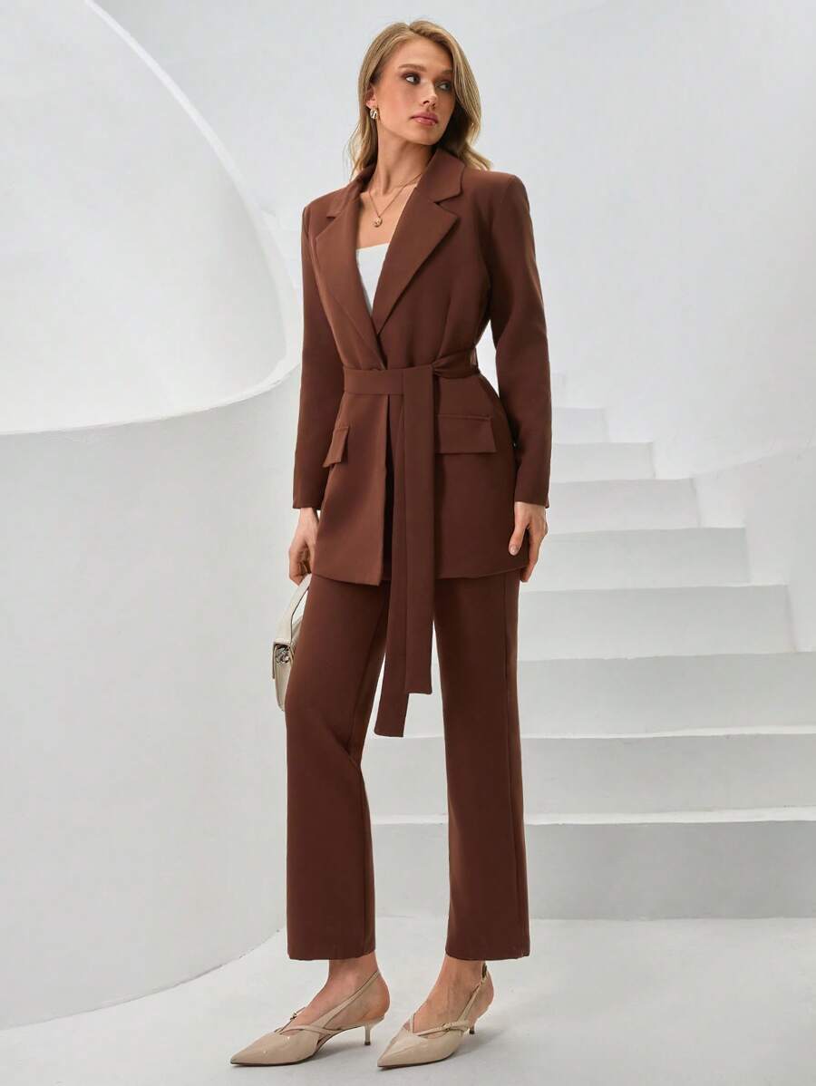 SHEIN Blazer A Colletto A Revers Con Cintura E Pantaloni Due Pezzi