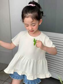 DAZY Camiseta de manga corta de cuello redondo casual con bordado para niñas, conjuntos de verano para niñas