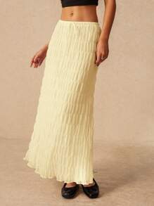 Poéselle Women Solid Color Minimalist Drawstring Skirt,Butter Yellow - Yellow - View 1