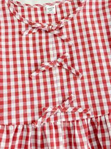 SHEIN 2pcs/Set Tween Girl Loose Plaid Puff Sleeve Bowknot Shirt And Casual Shorts, Suitable For Spring/Summer, Daily Wear, Outdoor, Spring Trip, Back To School