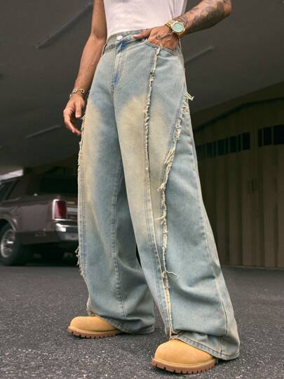 AXEPEAK 时尚直筒宽松拼接磨边下摆男士宽松牛仔裤，街头风格