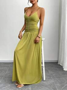 Elenzga Women's Summer Vacation Dress, Vintage French V-Neck Ruffle Slip Dress, Cinched Waist Fitted Long Dress - Olive Green - View 5