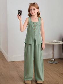 SHEIN Nova Glow Tween Girls Casual Stylish Solid Color Square Neck Sleeveless Top With Straight Leg Pants 2-Piece Set