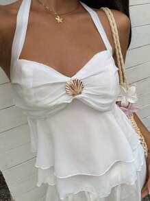 SHEIN EZwear Women's Shell Decor Pleated Elegant Halter Neck Camisole - White - View 3