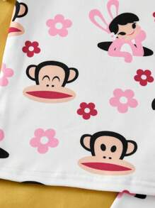 Paul Frank X SHEIN Young Girl Cartoon Cute Floral & Monkey Print Stretchy Summer Top & Shorts Pajama Set - Baby Pink - View 6