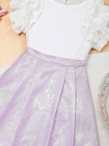 Tenue en 2 pièces pour préadolescentes : chemise à manches calamistrées unie et jupe jacquard scintillante - Parme - Voir 6