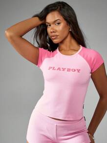 Missguided x Playboy Camiseta de bebé de manga corta con raglán de contraste con puños acanalados