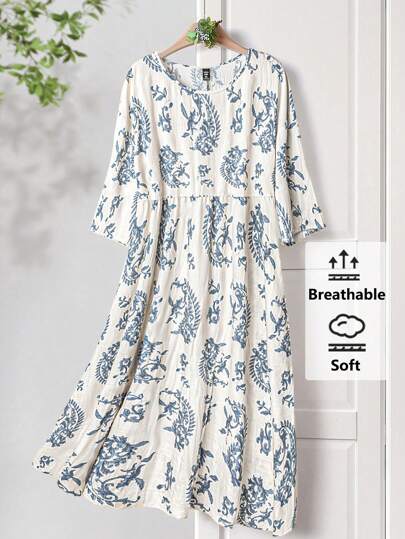 Rusticease Plus Size Country Retro Casual Cashew Floral Print Split Waistline Loose Round Neck Three-Quarter Sleeves Midi Dress Suitable For Spring And Summer Vacay Vibes Springbreak Casual Wear SS Bohemia Loose Fit Boho Style Country Concert Outfit,Flower/Vacation