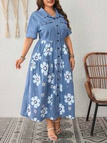 EMERY ROSE 大码女式浅蓝色水洗牛仔印花长裙，休闲度假夏季 - 淺色水洗藍 - 查看 8