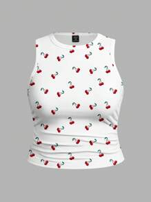 SHEIN EZwear 3pcs/Set Casual Solid Color + Leopard Print + Cherry Print Fitted Plus Size Top Tank Tops, Summer Back To School - Multicolor - View 3