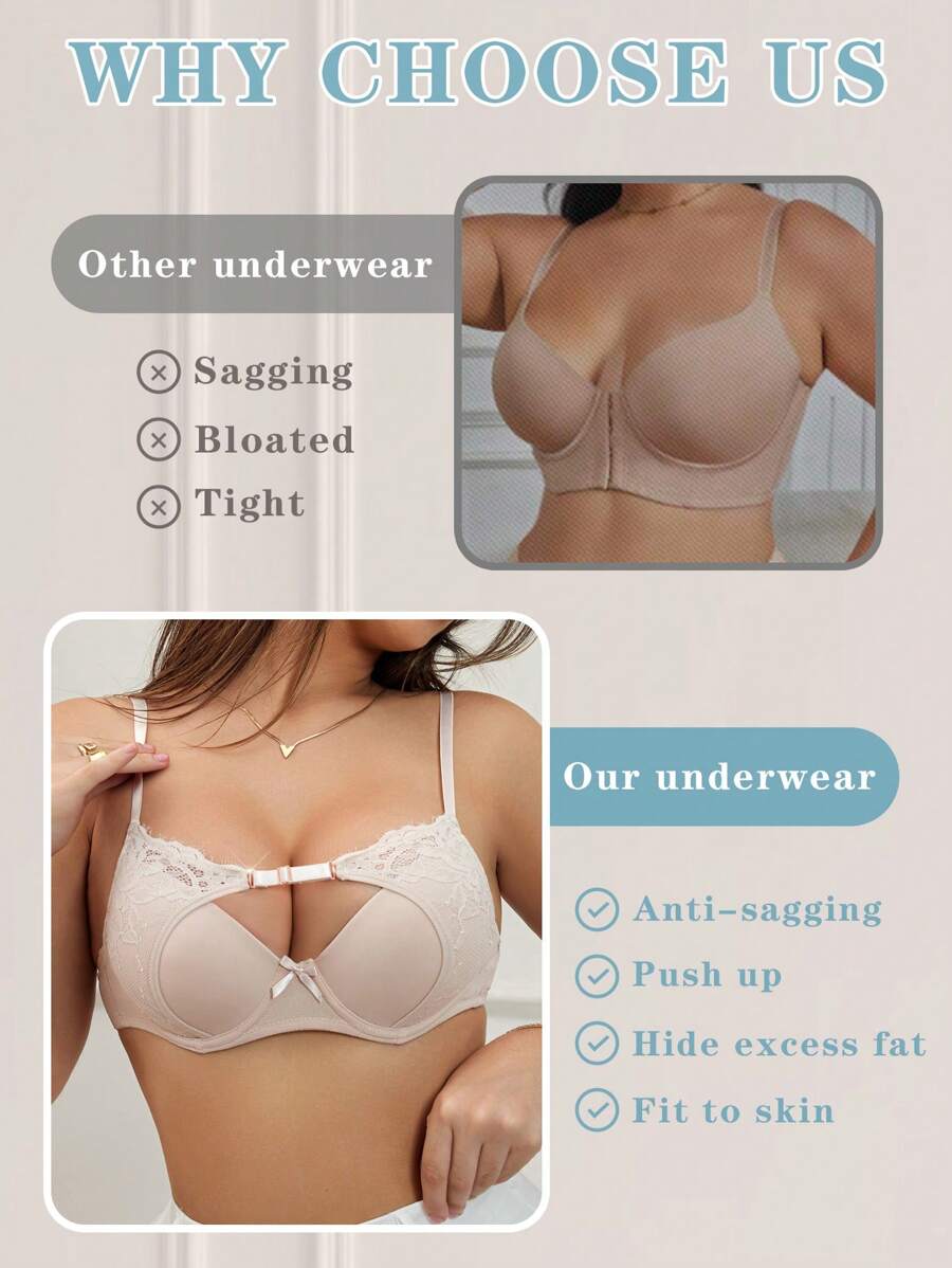 SHEIN Mature & Charming Lace Patchwork Bow-Knot Molded Cup Women Bra - Apricot - View 1