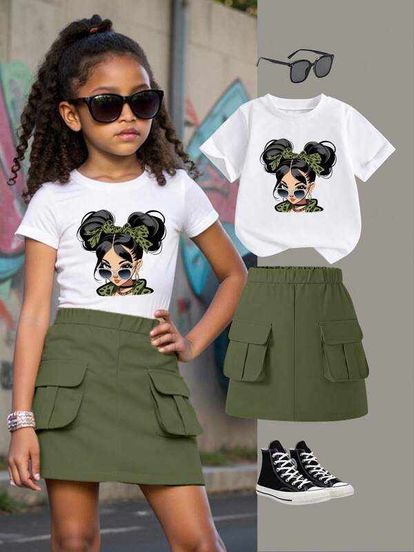 SHEIN Young Girl Casual Minimalist Pattern Short Sleeve Round Neck T-Shirt And Matching Short Skirt Set, Summer