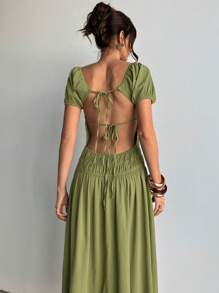 Aloruh Green Backless V-Neck Short Sleeve Dress - Green - View 2