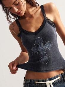 Bohemela Áo tank top dệt kim ôm sát kiểu Mỹ cổ điển với họa tiết chữ thập và ren in hoa dành cho nữ. - màu đen - Xem 7