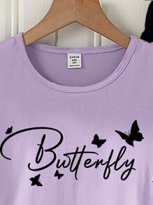 2pcs Set Tween Girl Casual & Crew Neck Purple Short Sleeve Butterfly Printed Top And Loose Knit Pants Pajamas