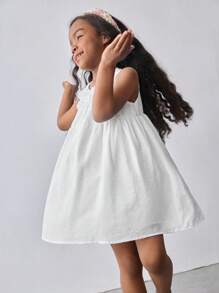 Maija Kids Maija Kids Young Girl White Summer Traditional Wedding Fashion Minimalist Round Neck Sleeveless Ruched Smock Dress,Multi-Layer Skirt,Casual Vacation School Dress - White - View 3