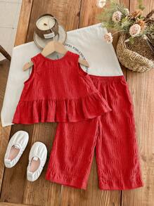 SHEIN Set Rompi dan Celana Merah untuk Bayi Perempuan, Tampilan Liburan yang Menggemaskan - Merah - View 10