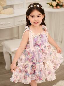 Glamorique Kids Vestido elegante sin mangas con estampado floral de organza y patchwork para niña joven
