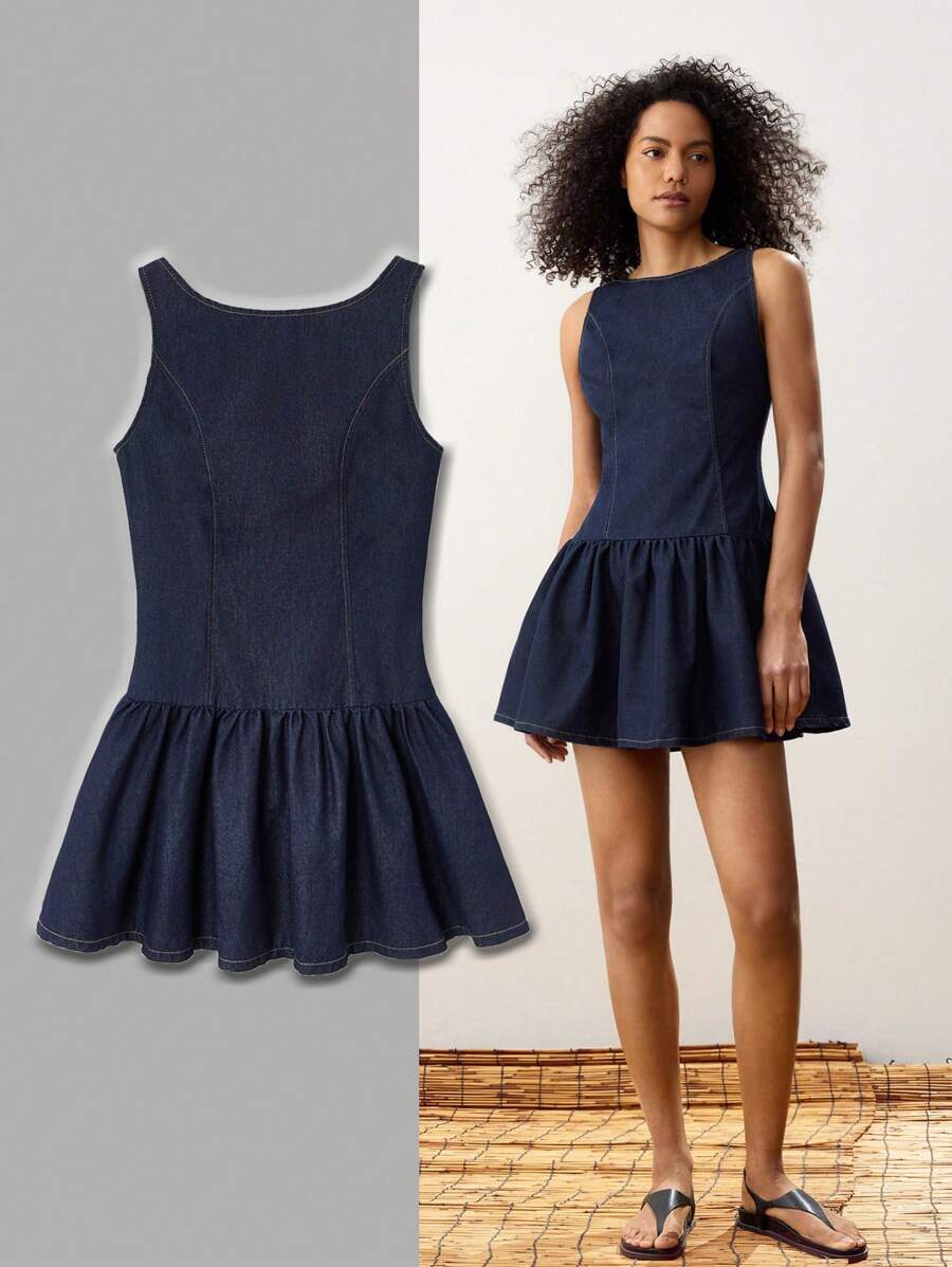 Maija 女士休闲牛仔圆领无袖荷叶边下摆连衣裙 - 深色水洗藍 - 查看 1